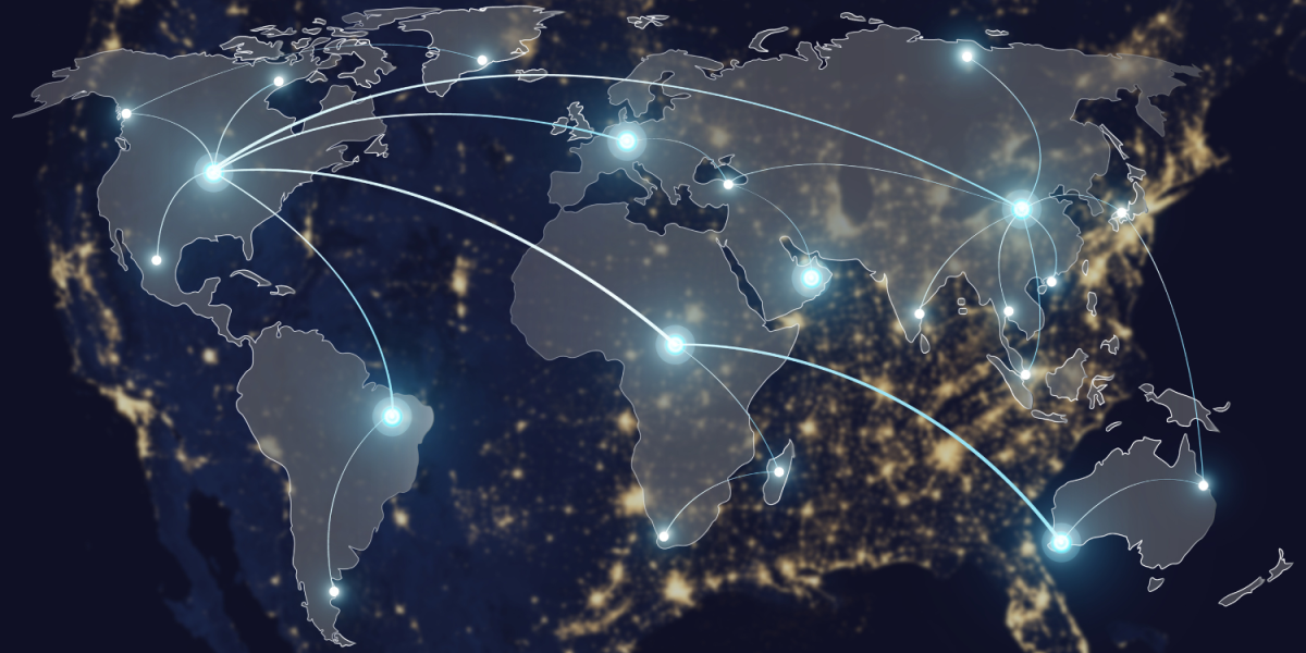Abstract visualization of global telecom network infrastructure and data connectivity